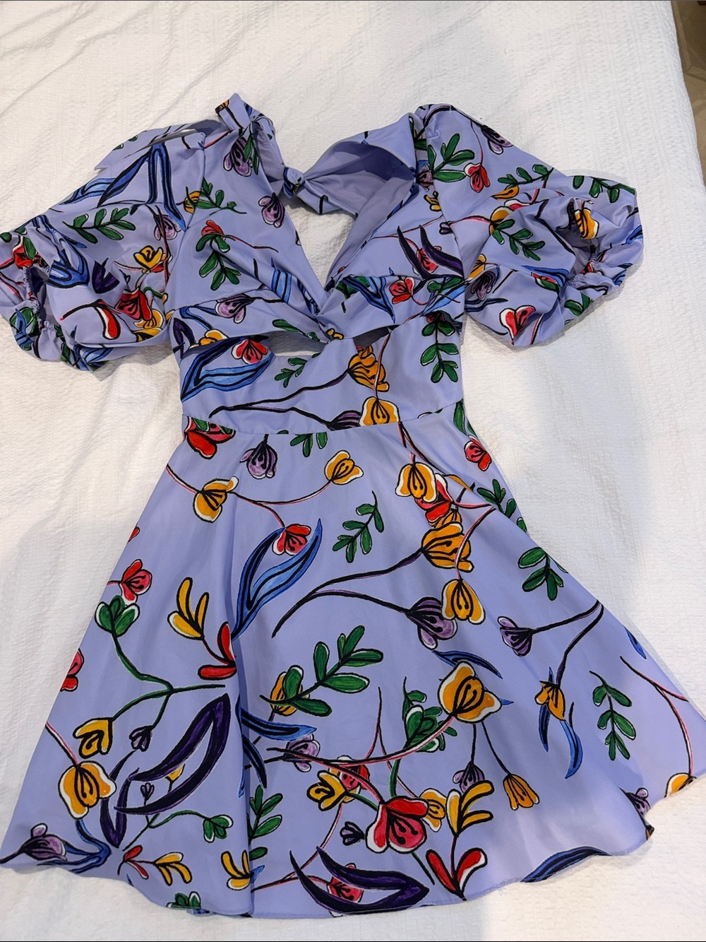 Lilac Floral Fit-and-Flare Dress with Puff Sleeves